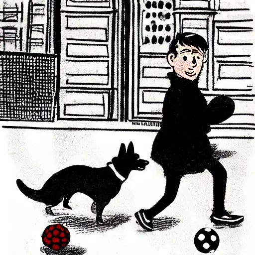 Image similar to book illustration of a french boy on the streets of paris playing football against a corgi, the dog is wearing a polka dot scarf, 1 9 6 6