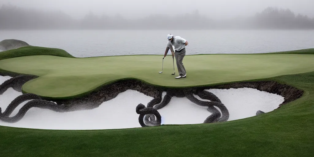 Image similar to a great photograph of the most amazing golf hole in the world, surrounded by water, giant octopus, ambient light, golf digest, top 1 0 0, fog