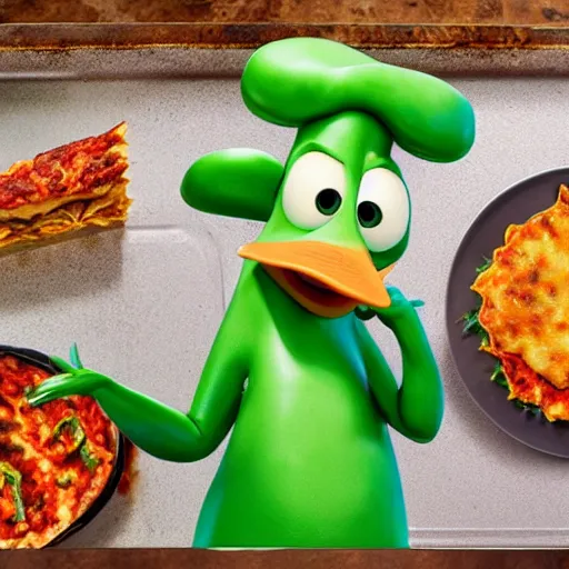 Image similar to pixar style platypus on a kitchen wearing a chef hat and holding a lasagna into an over, with three basil leaves over the lasagna, pixar style, ultradetailed, 3 d, ratatouille style