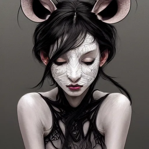 Prompt: a photograpic portrait of a anthropomorphic mouse wearing black clothes, black hair, grey skin, grey mouse ears, fantasy, intricate, elegant, highly detailed, digital painting, artstation, smooth, sharp focus, illustration, art by artgerm and H R Giger and alphonse mucha