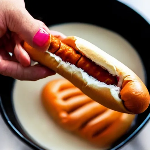 Prompt: fist holding a hotdog, dipping it into a large bowl of milk