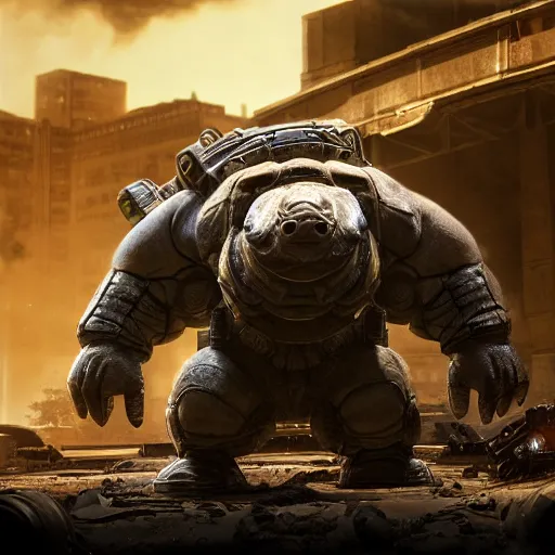 Image similar to a 'Blastoise Tank' in 'Gears of War', splash art, movie still, cinematic lighting, detailed face, dramatic, octane render, long lens, shallow depth of field, bokeh, anamorphic lens flare, 8k, hyper detailed, 35mm film grain