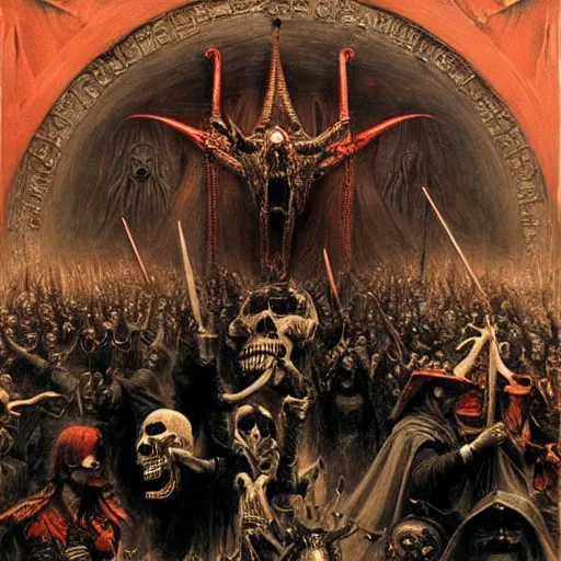 Image similar to dante's inferno, with people in black hooded tunic like in the film eyes wide shut of stanley kubrick, illuminati symbol, crows, skeletons, crosses, dark beauty, rotten gold, perfect faces, extremely detailed. highly detailed painting by gaston bussiere and j. c. leyendecker 8 k