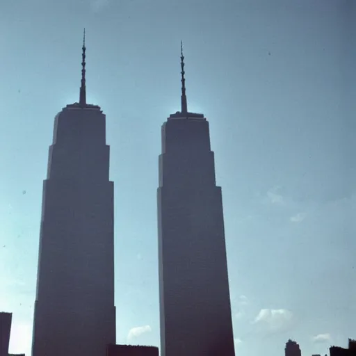 Image similar to the twin towers transformed into giant robots with arms and legs