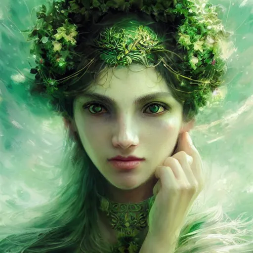 Image similar to Goddess of Spring, green-eyes!!!!!!!!!!, gorgeous portrait, intricate, elegant, volumetric lighting, scenery, digital painting, highly detailed, artstation, sharp focus, illustration, concept art, ruan jia, steve mccurry