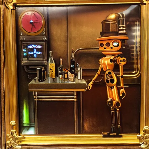 Prompt: a steampunk robot is at the bar and orders a drink from a cyber punk (TY beanie baby puppy), cgsociety, old master.