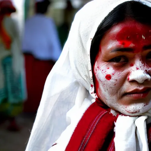 Prompt: a nepali woman wearing a white shawl covered in blood, realistic