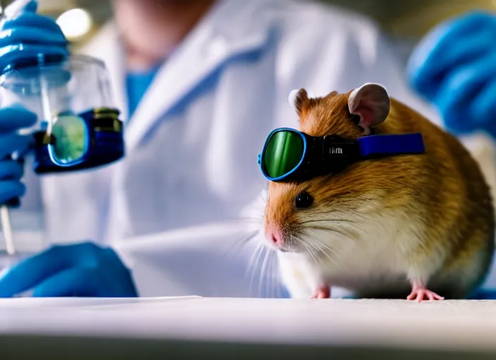 Image similar to film still of a hamster wearing goggles working in a research lab finding the cure for cancer, 8 k