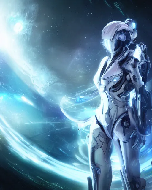 Image similar to photo of a android girl on a mothership, warframe armor, beautiful face, scifi, nebula reflections, futuristic background, dreamy, focused, sparks of light, long white hair, blue cyborg eyes, glowing, 8 k high definition, insanely detailed, intricate, innocent, art by akihiko yoshida, antilous chao, li zixin, woo kim