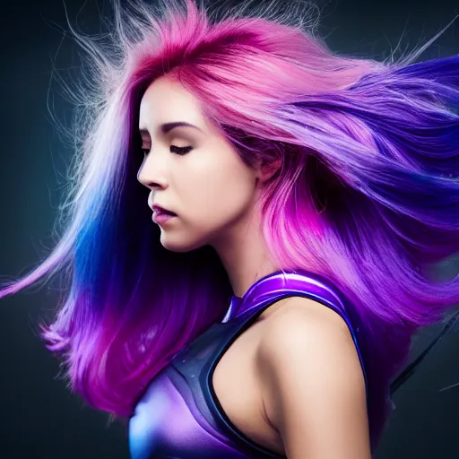 Image similar to a stunning high shutter speed action upper body portrait of a beautiful woman with a ombre purple pink hairstyle with head in motion and hair flying while wearing futuristic navy blue and teal battle bodyarmor and pauldrons by marvel comics, outrun, vaporware, action photography, highly detailed, fine detail, intricate, digital art, trending on artstation