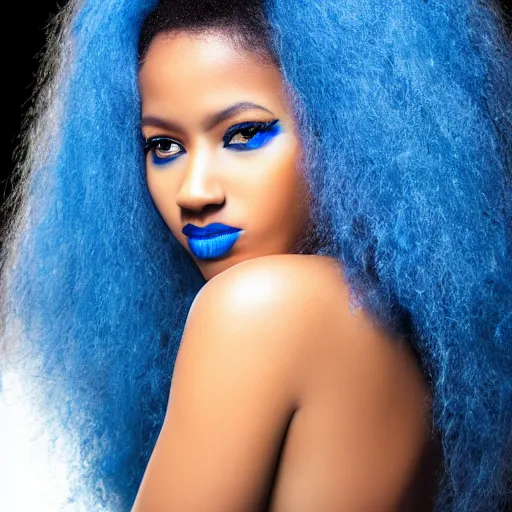 Image similar to a realistic model photoshoot of a black girl with blue afro hair, beautiful, model, professional picture, realistic, 4 k, bright light, portrait