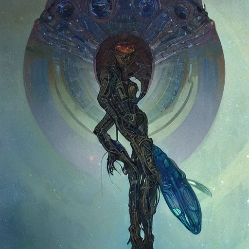 Image similar to the alien cosmic dragonfly looks into your eyes with its eyes at the end of all of time and space and life, by Greg Rutkowski and Alphonse Mucha, horror, existential, artstation, cgsociety