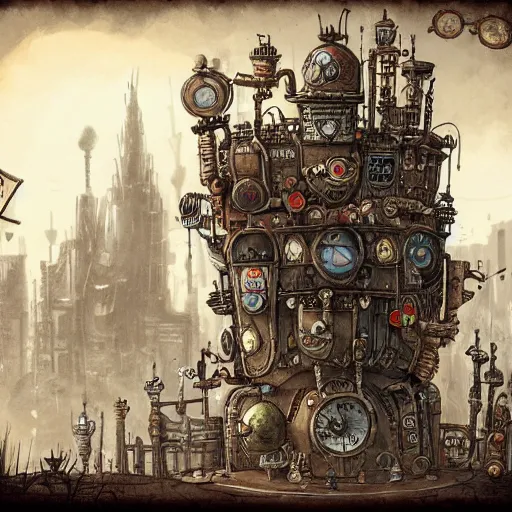 Image similar to machinarium city, steampunk style, fantasy style, super high detail, super high quality, talented artist, trending on artstation