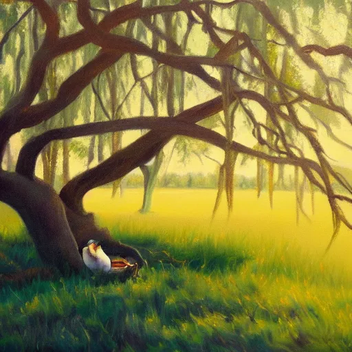 Image similar to beautiful oil painting of george sitting on a tree, day light, sunlight swamp, award - winning, matte,