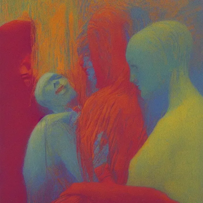 Prompt: portrait of women made of colorful threads hugging Edward Hopper and James Gilleard, Zdzislaw Beksinski, highly detailed