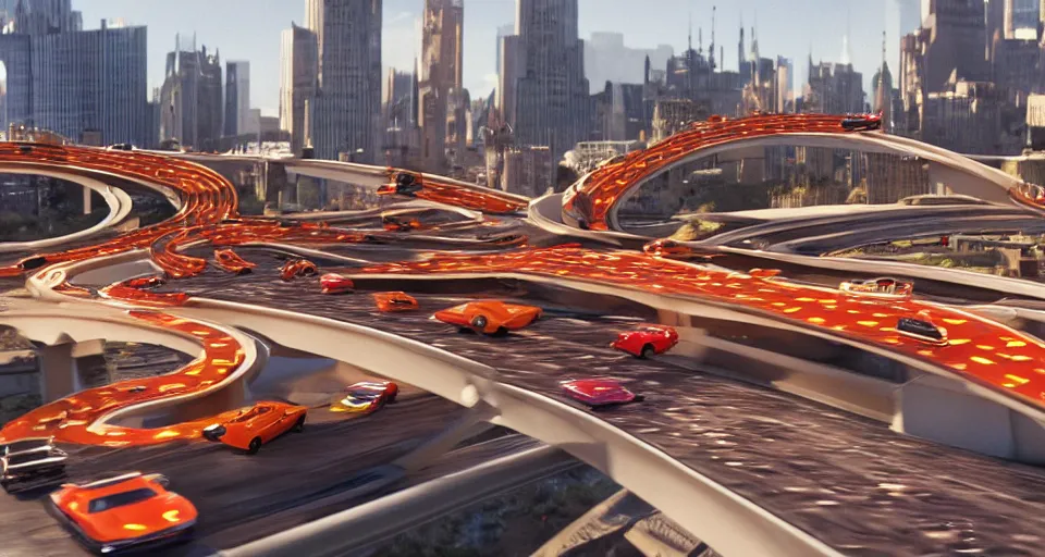 Image similar to film still of the Hot Wheels movie directed by Denis Villeneuve, cars driving on orange transparent hot wheels tracks across tops of buildings