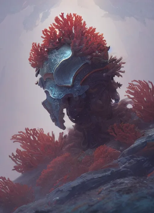 Image similar to Helmet of a forgotten Deity, corals, seaweed, halo, extremly detailed digital painting, in the style of Fenghua Zhong and Ruan Jia and jeremy lipking and Peter Mohrbacher, mystical colors, rim light, beautiful lighting, 8k, stunning scene, raytracing, octane, trending on artstation