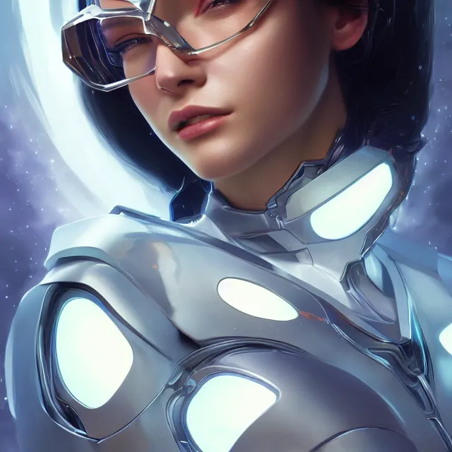 Prompt: close up portrait of beautiful futuristic female wearing shiny futuristic eyewear, white shiny armor, shiny skin, raytracing, astral nebula, glowing hair, subsurface scattering, artistic, art by artgerm, greg rutkowski and alphonse mucha, artstation, octane render,