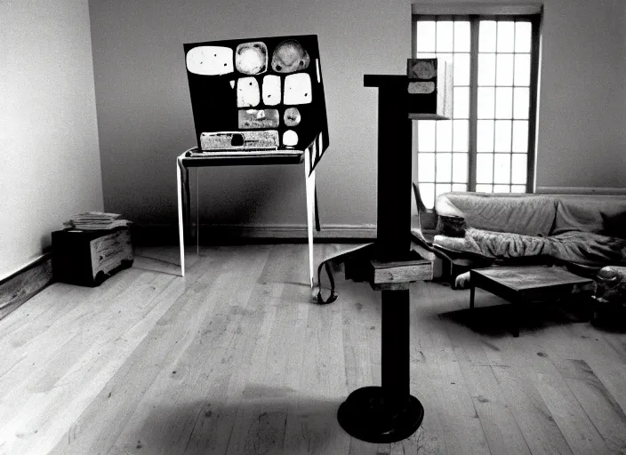 Image similar to realistic photo portrait of the a computer of wood, poorly designed in style of arte povera, fluxus, dadaism, joseph beuys, ugly made, levitating in the living room wooden walls 1 9 9 0, life magazine reportage photo