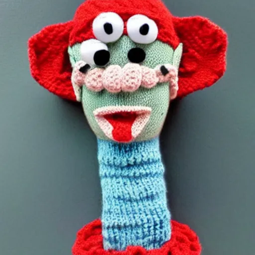 Prompt: squidward as cute knitted