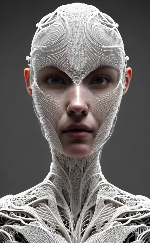 Prompt: intricate hyper detailed ultra sharp natural soft light 3 d render of a beautiful smooth porcelain fascinating cyborg woman portrait, medium shot portrait, alexandre ferra, deeply cyberpunk art nouveau haute couture huge fractal white silver gold mycelum and crystal pore fungi head ornaments, big embroidered leaves filigree spreaded roots, octane render, volumetric cinematic lighting, 8 k, vray tracing