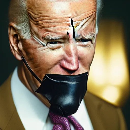 Image similar to uhd candid photo of joe biden wearing a real muzzle, with accurate face, uhd, studio lighting, correct face, photo by annie leibovitz