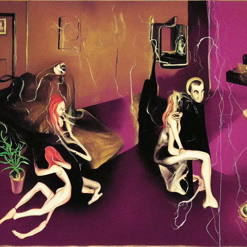 Prompt: One man and one woman attached by love in a living room of a house, floating dark energy surrounds the middle of the room. There is one living room plant to the side of the room, surrounded by a background of dark cyber mystic alchemical transmutation heavenless realm, cover artwork by francis bacon and Jenny seville, midnight hour, part by adrian ghenie, part by jeffrey smith, part by josan gonzales, part by norman rockwell, part by phil hale, part by kim dorland, palette knife texture, smudged paint, muted cold colors, artstation, highly detailed