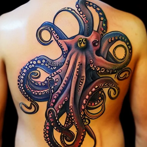 Image similar to octopus playing multiple folk instruments with its tentacles, tattoo