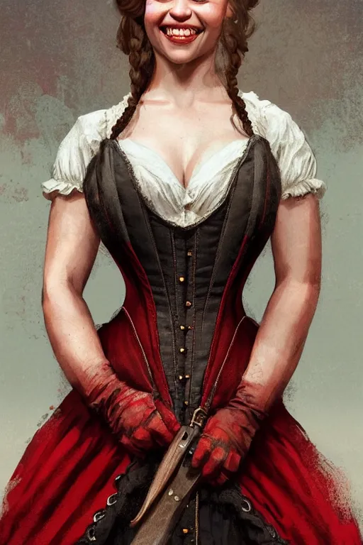 Image similar to Emilia Clarke smiling warmly in a 1800s American Corset in Red Dead Redemption, only two hands, highly detailed, digital painting, artstation, concept art, smooth, sharp focus, illustration, Unreal Engine 5, 8K, art by art by artgerm and greg rutkowski and edgar maxence