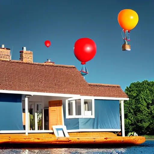 Image similar to floating house lifted in sky by balloons