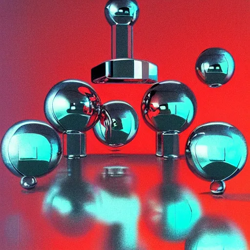 Prompt: chrome spheres on a red cube by michael whelan