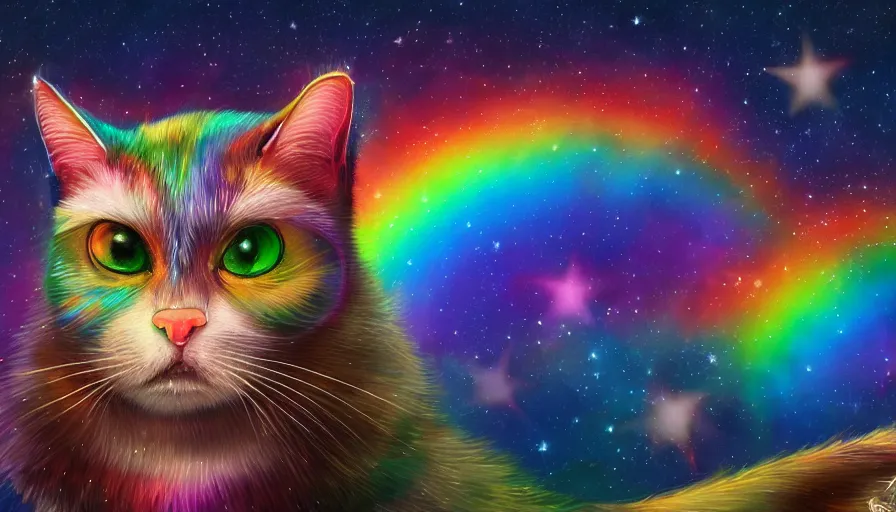 Prompt: shiny rainbow cat looking at the stars, sitting on rooftop, gold moon, hyperdetailed, artstation, cgsociety, 8 k