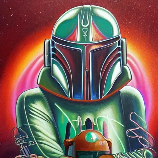 Prompt: a painting of elegant boba fett praying designed by alex grey, flooko, etheral, glows,