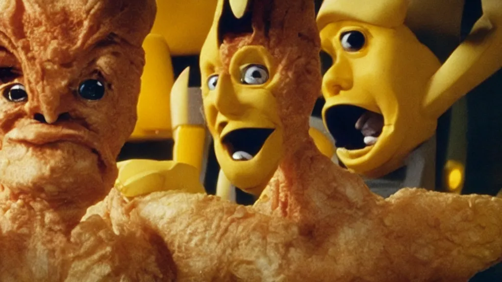 Image similar to french fry monster fighting Star Trek Characters, film still from the movie directed by Denis Villeneuve with art direction by Salvador Dalí, wide lens