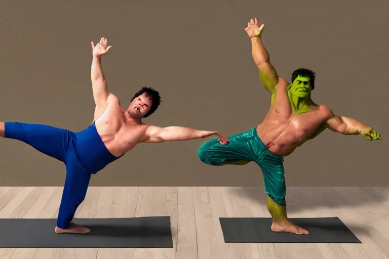 Prompt: the hulk and shrek doing yoga poses in the morning, produced in surreal sweatshop under fluorescent dominion, advanced, photorealistic, realistic, dramatic lighting, fantastic reality, by michelangelo, 8 k resolution