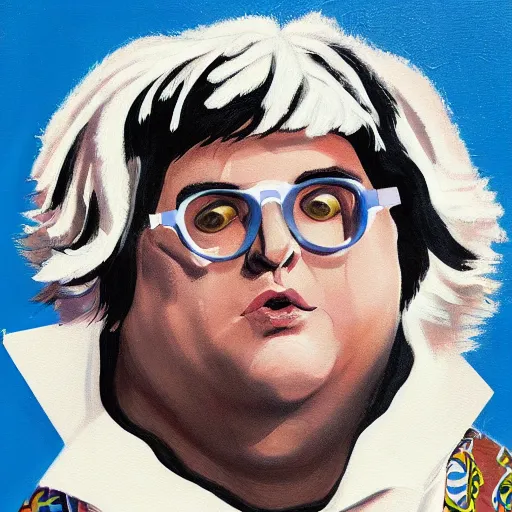 Image similar to andy milonakis as a goat, goat body, human head, anthropomorphic, 4 k, painting, cartoon high details