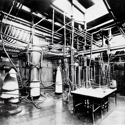 Image similar to old black and white photo, 1 9 1 3, depicting a dieselpunk lab with biomechanical aliens inside vats, historical record