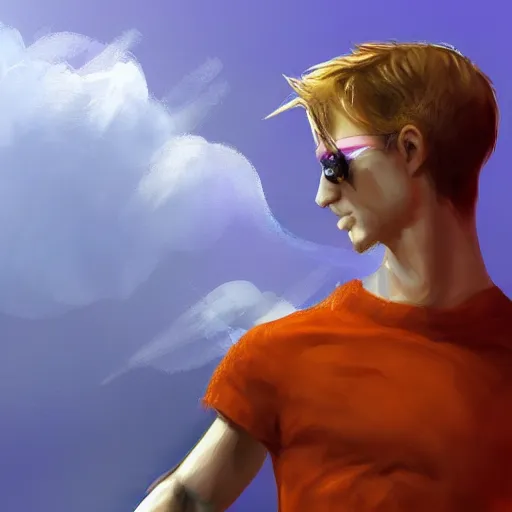 Image similar to gay man with leather clothes dancing on the clouds, Artstation