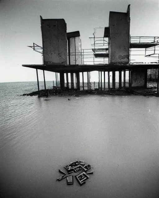 Image similar to Abandoned futuristic 70s structures floating in the water, two point perspective, photograph, polaroid, dilapidated look, Grainy, expired film