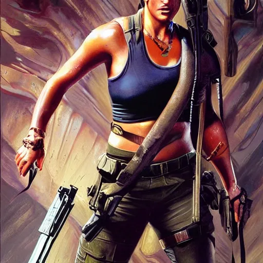 Image similar to Ricky Gervais as Lara Croft (tomb raider, 1996), full body portrait by Karol Bak, Syd Mead and Raphael Lacoste, rich colors, neon digital art