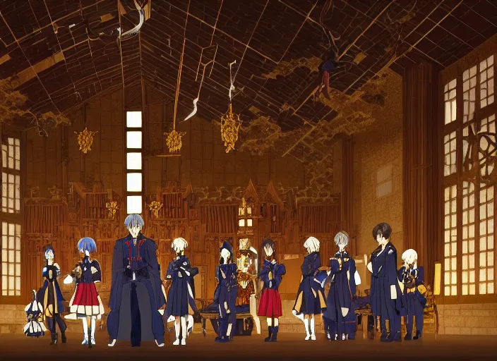 Prompt: key anime visual portrait of a castle's main hall interior with throne, servants, nobles, designed by mika pikazo, dynamic pose, dynamic perspective and angle, cinematic, film grain, detailed, intricate, at night, dramatic lighting