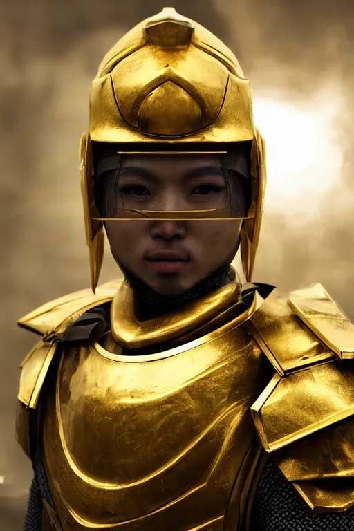 Image similar to hyperrealistic cyberpunk samurai character, gold warrior helmet, gold armour, ultradetailed, volumetric lighting, depth of field, 4k UHD.