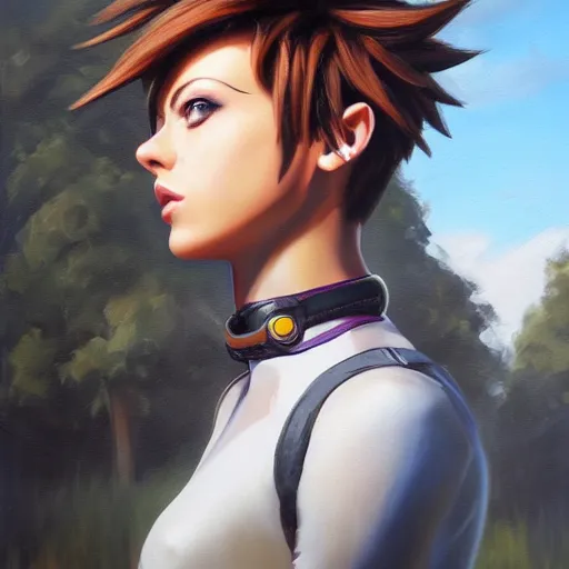 Image similar to oil painting of tracer overwatch in a field wearing large leather choker around neck, in style of mark arian, expressive face, detailed face, detailed eyes, full body, feminine face, tracer overwatch,