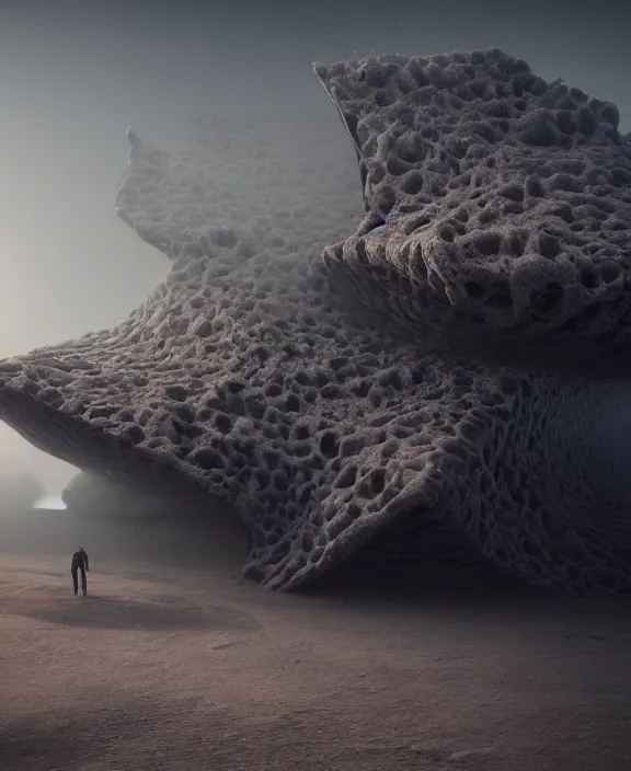 Prompt: surreal futuristic exploration in iceland beach, bioremediation architecture in the desert, foggy, highly detailed, digital painting, arstation, concept art, hyperealistic octane render, unreal engine,