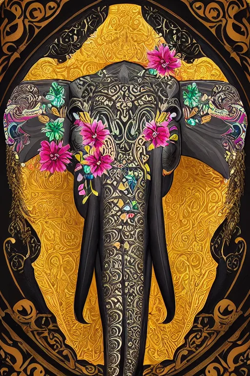 Image similar to Painted dark-wood panel relief carving of a close up of a Flowerpunk Matriarch Elephant, ornate border frame, explosion of colorful flowers, dark wood, intricately carved, black ink, festival of rich colors, intricate details, cinematic lighting, volumetric lighting, post-processing, art nouveau, by andreas rocha and john howe, and Martin Johnson Heade, featured on artstation, featured on behance, golden ratio, hyper detailed, photorealistic, epic composition, center spotlight, f32, well composed, symmetrical, UE5, 8k