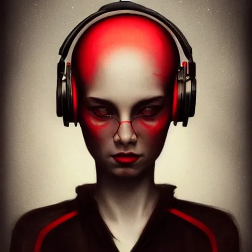 Prompt: portrait of a bald woman with red headphones, staring at you, black background, curious eyes, by Anato Finnstark, Tom Bagshaw, Brom