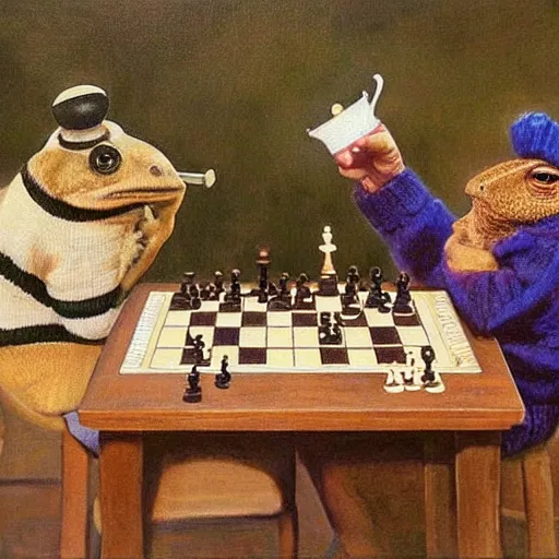 Image similar to toads drinking tea and playing chess. Painting of toads wearing sweaters by James Gurney.