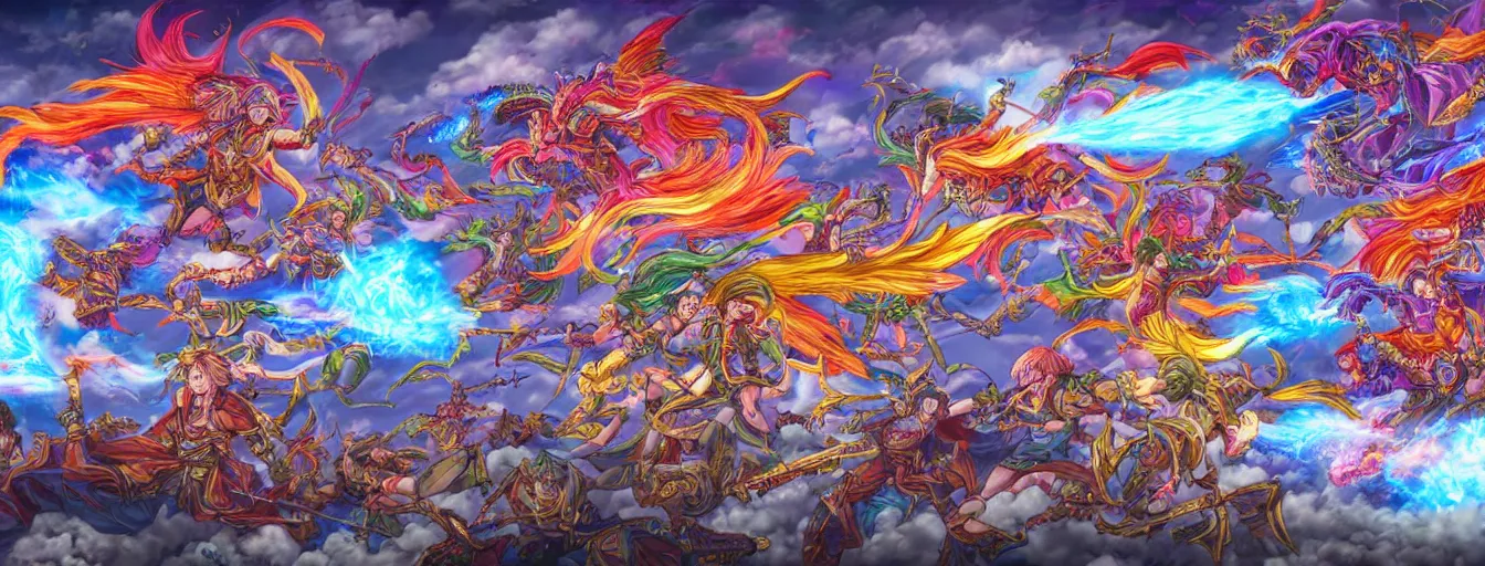 Prompt: a zoomed out panoramic view of rainbow soul fire spirits fighting on the battlefield. hyperrealistic anime background illustration by kim jung gi, colorful, extremely detailed intricate linework, smooth, super sharp focus, bright colors, high contrast, matte, octopath traveler, unreal engine 5 highly rendered, global illumination, radiant light