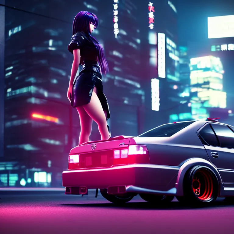 Image similar to toyota jzx 1 0 0 drift with cyberpunk girl standing, detailed - wheels, shibuya prefecture, cinematic lighting, photorealistic, night photography, octane render