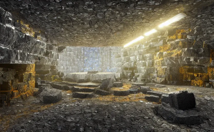 Image similar to ''A mine with walls full of ores, diamonds, emeralds, gold, sapphire, shining, dark, texture, realistic, ray tracing, 8K, micro details, digital art, nature colors''